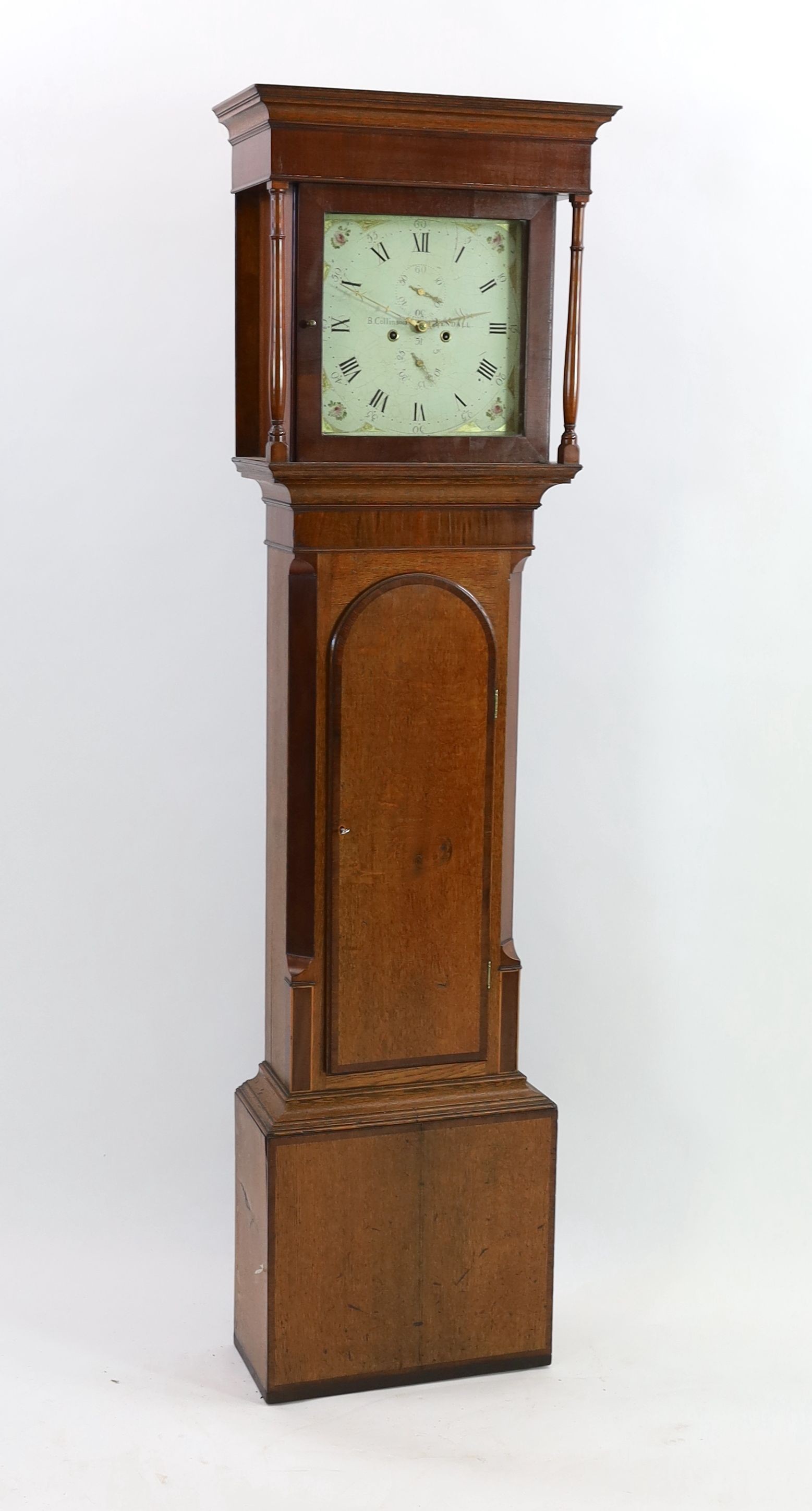 An early 19th century mahogany banded oak eight day longcase clock, by Collinson, Kendal, with 32cm painted dial, case 204cm high
